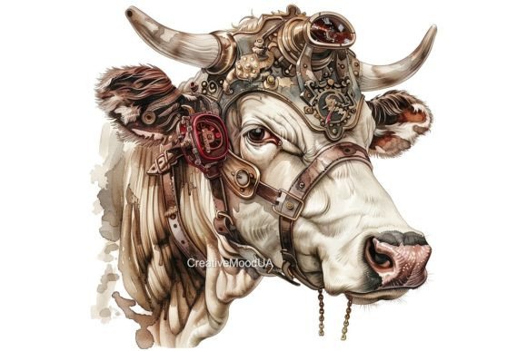 Download Vintage Steampunk Cow. Watercolor. PNG - Png Collection