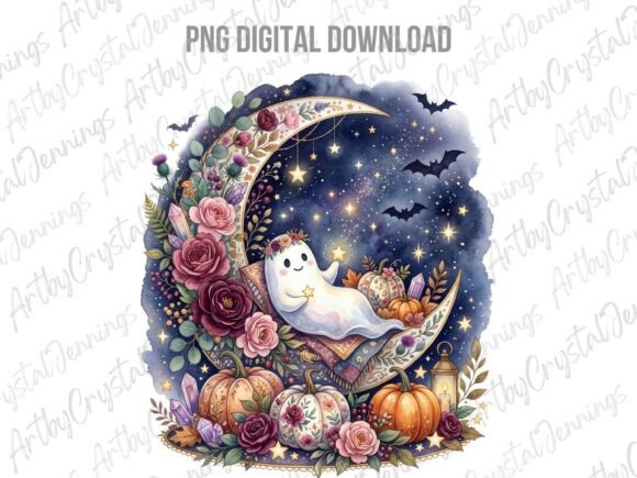 Download Boho Floral Ghost Moon Watercolor PNG - Png Collection